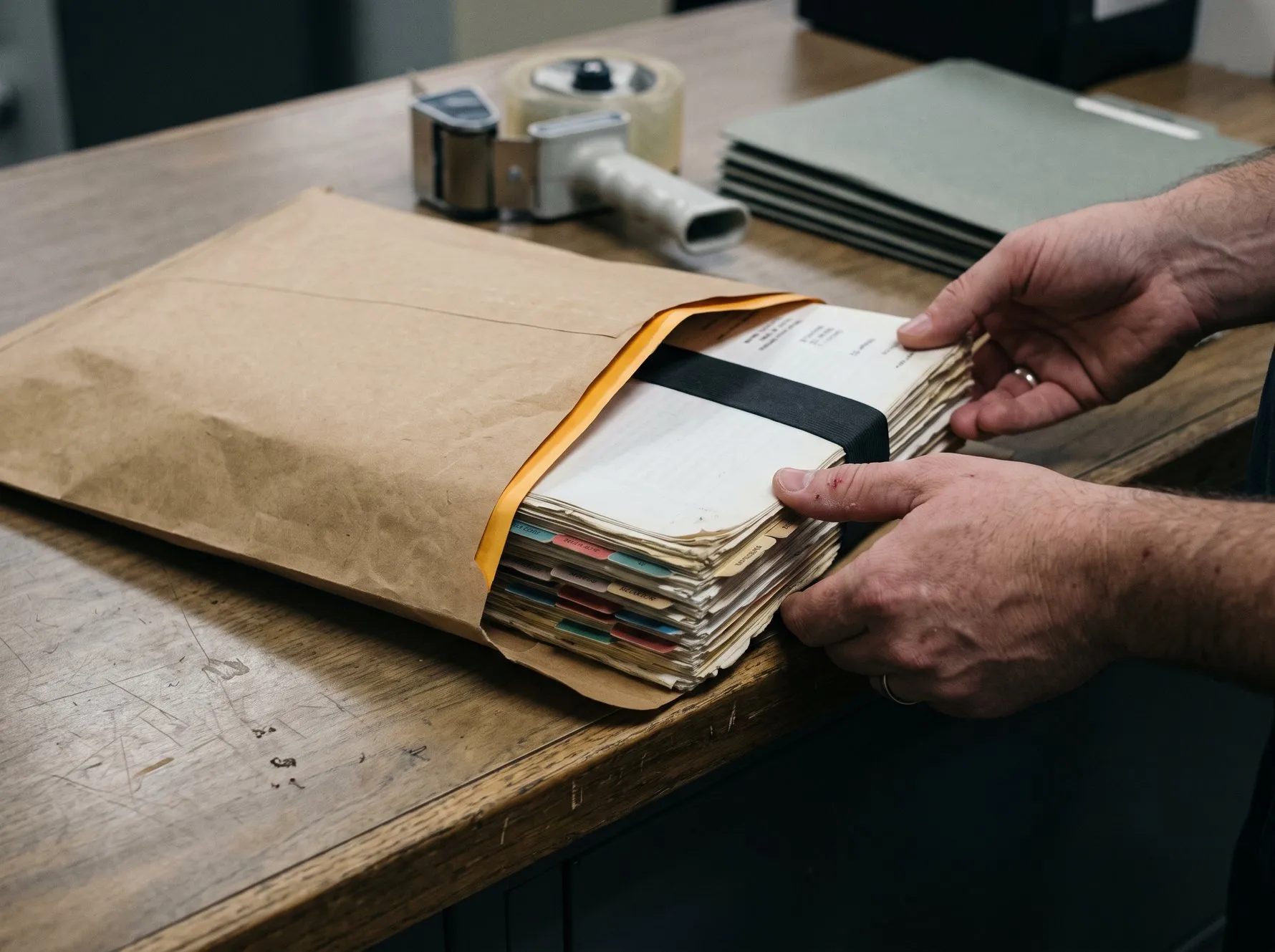 Deux mains glissent un épais dossier maintenu par un élastique, onglets de couleur apparents, dans une grande enveloppe kraft posée sur un plan de travail. Un dévidoir de ruban adhésif et une pile de chemises cartonnées à l’arrière-plan.