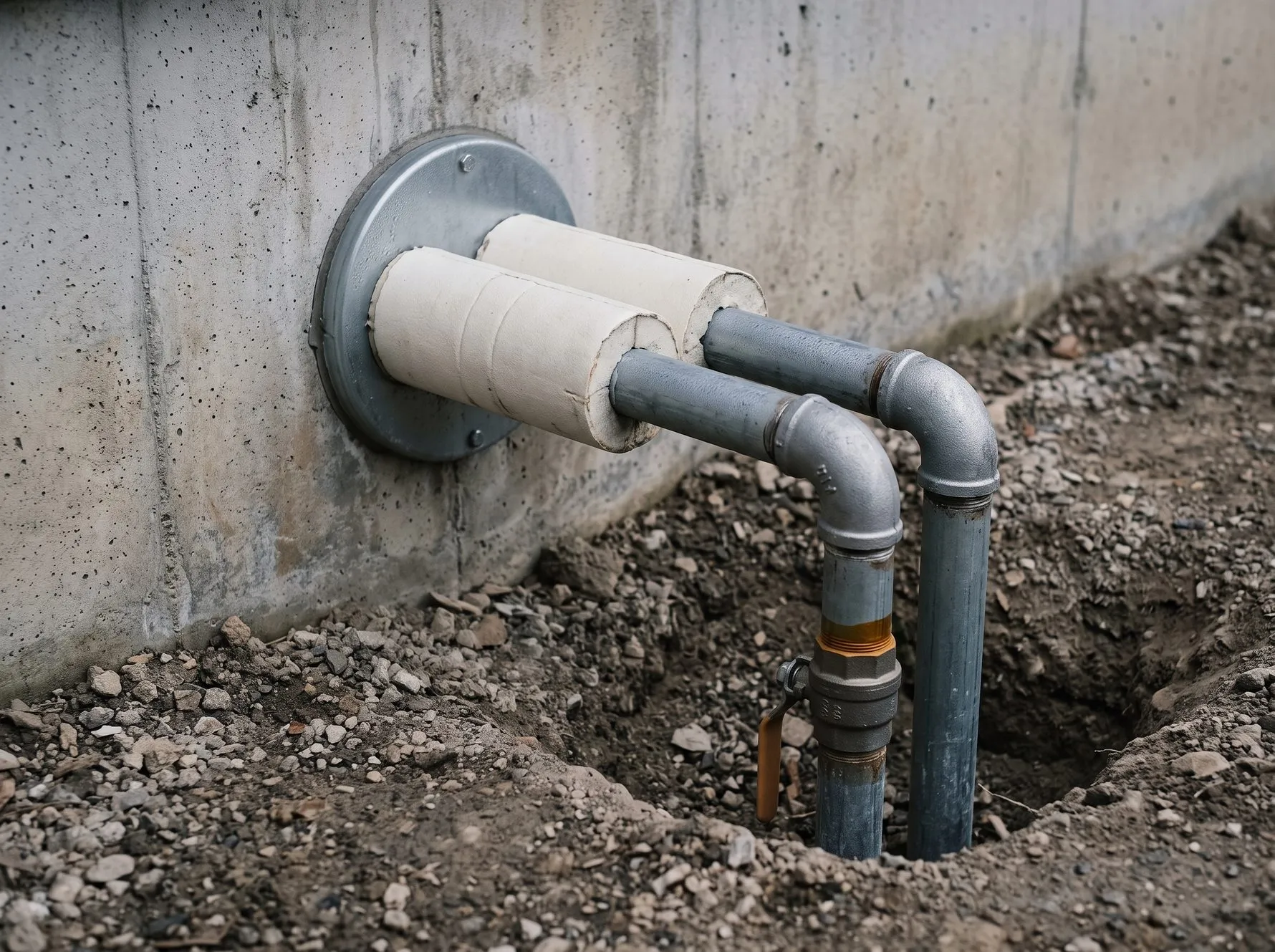 Deux tuyaux calorifugés sortent d'un mur béton par un fourreau à collerette métallique. L'isolant s'arrête à la sortie, les tubes d'acier descendent en coude dans une tranchée creusée au pied du mur, une vanne à poignée orange sur l'un d'eux.