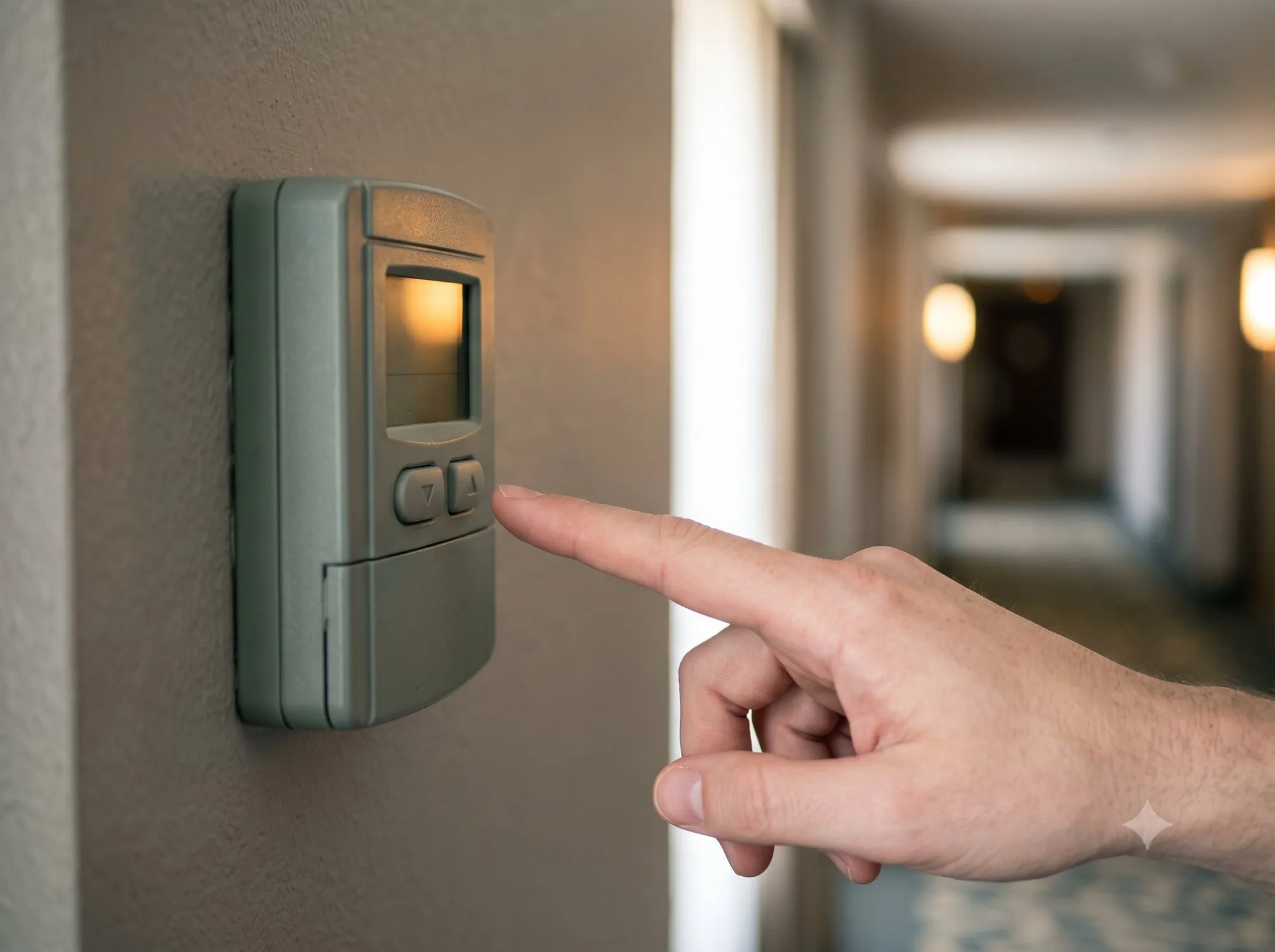 Un doigt s’approche du bouton d’un thermostat mural gris dans un couloir d’hôtel, l’écran du boîtier est éteint.
