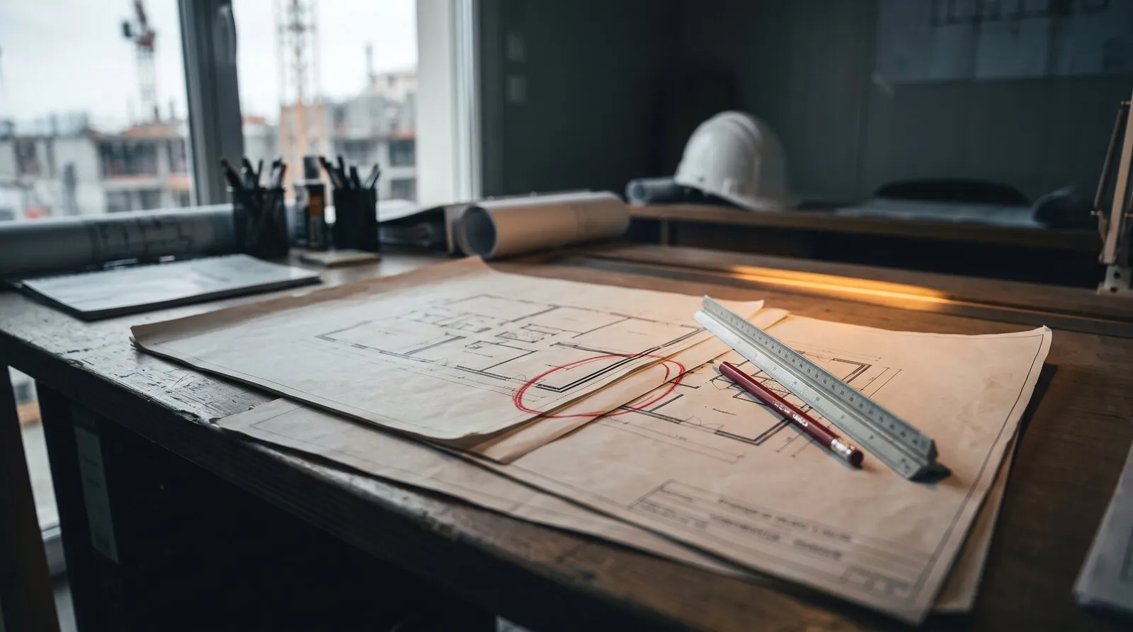 Un plan de logement déplié sur un bureau, une zone entourée au crayon rouge à l'intersection de deux cloisons. Une règle graduée et un crayon posés en travers de la feuille, des rouleaux de plans à l'arrière-plan, un casque de chantier blanc flou au second plan.