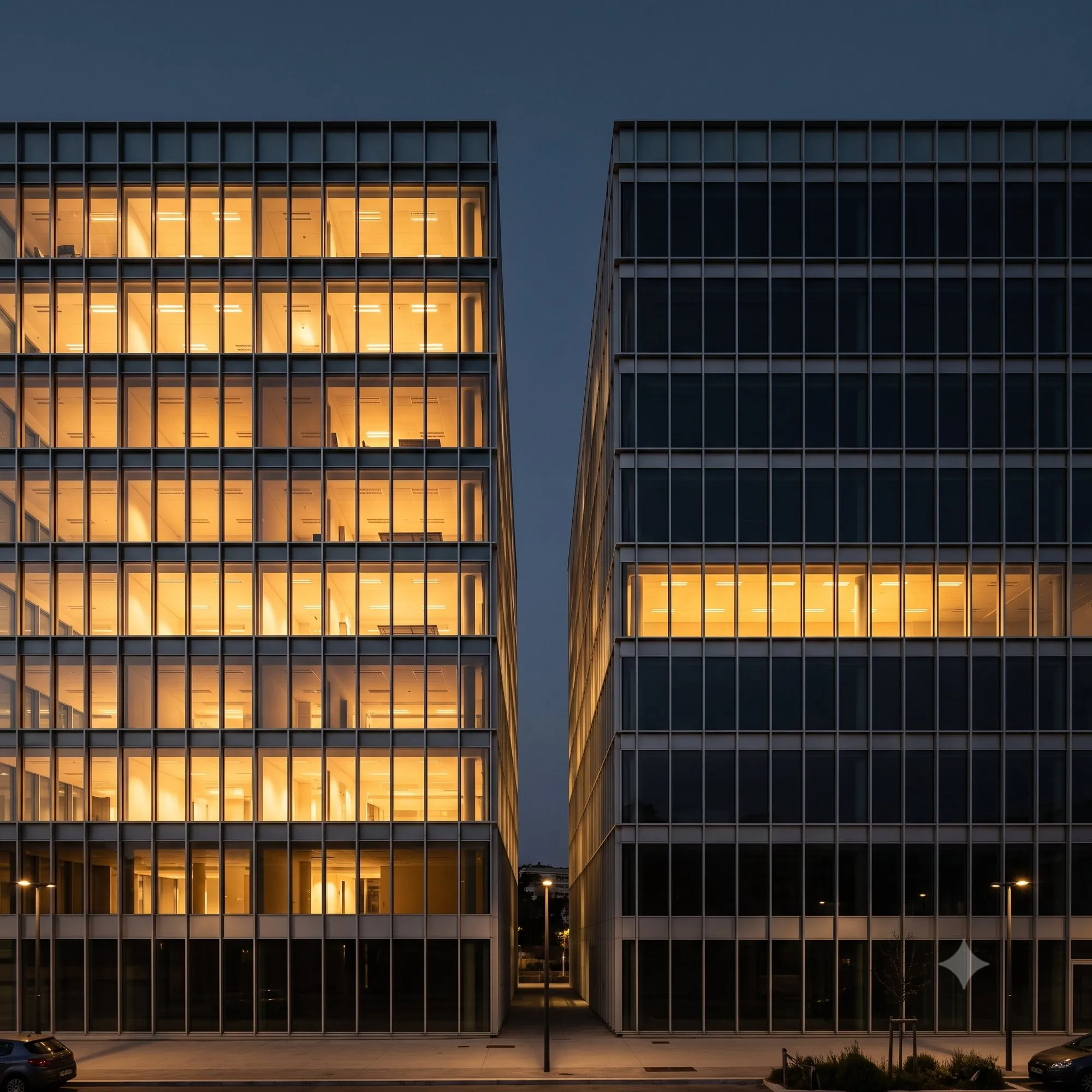 Deux façades d’immeubles de bureaux au crépuscule : celle de gauche entièrement éclairée de l’intérieur, celle de droite presque éteinte à l’exception d’un seul niveau.