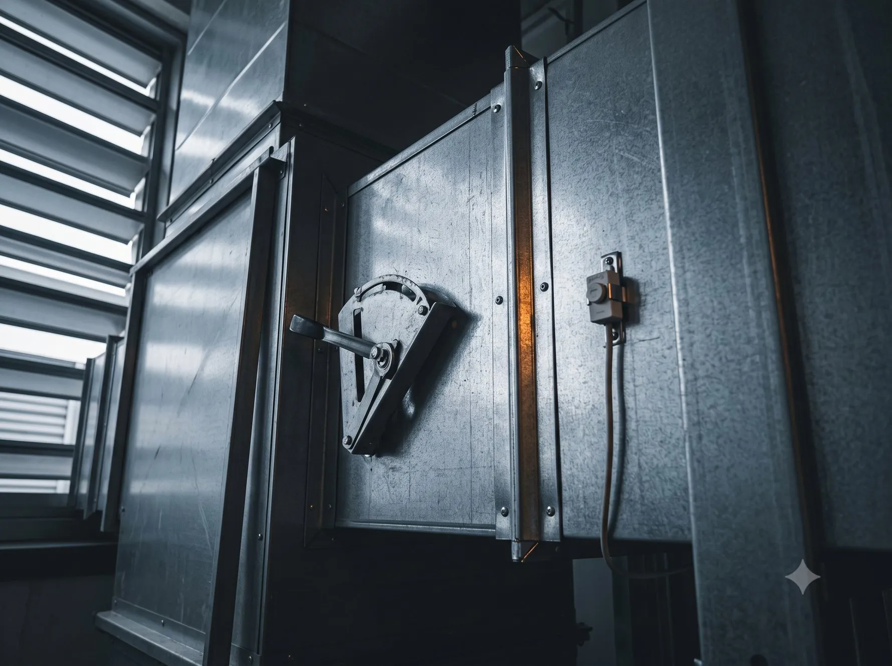 Registre métallique et gaine de ventilation galvanisée d'une centrale de traitement d'air, vue en contre-plongée, avec un levier de réglage manuel et un capteur de température fixé à la paroi.