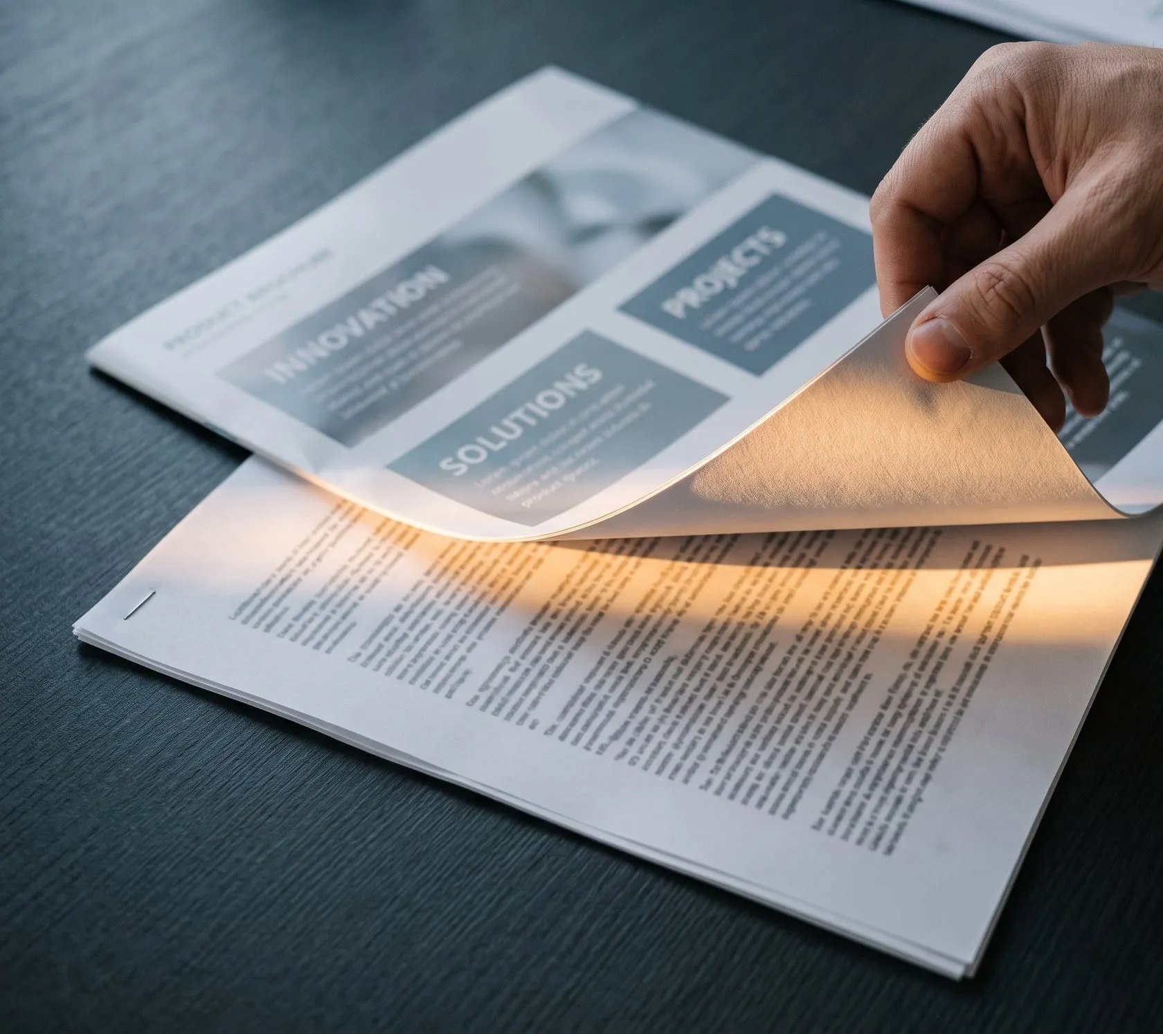 Une main soulève le coin d’une plaquette produit imprimée, posée sur un document contractuel dense en petits caractères. La plaquette porte des blocs de titres en anglais, le document du dessous une suite de paragraphes serrés. Un rai de lumière chaude passe entre les deux feuilles.