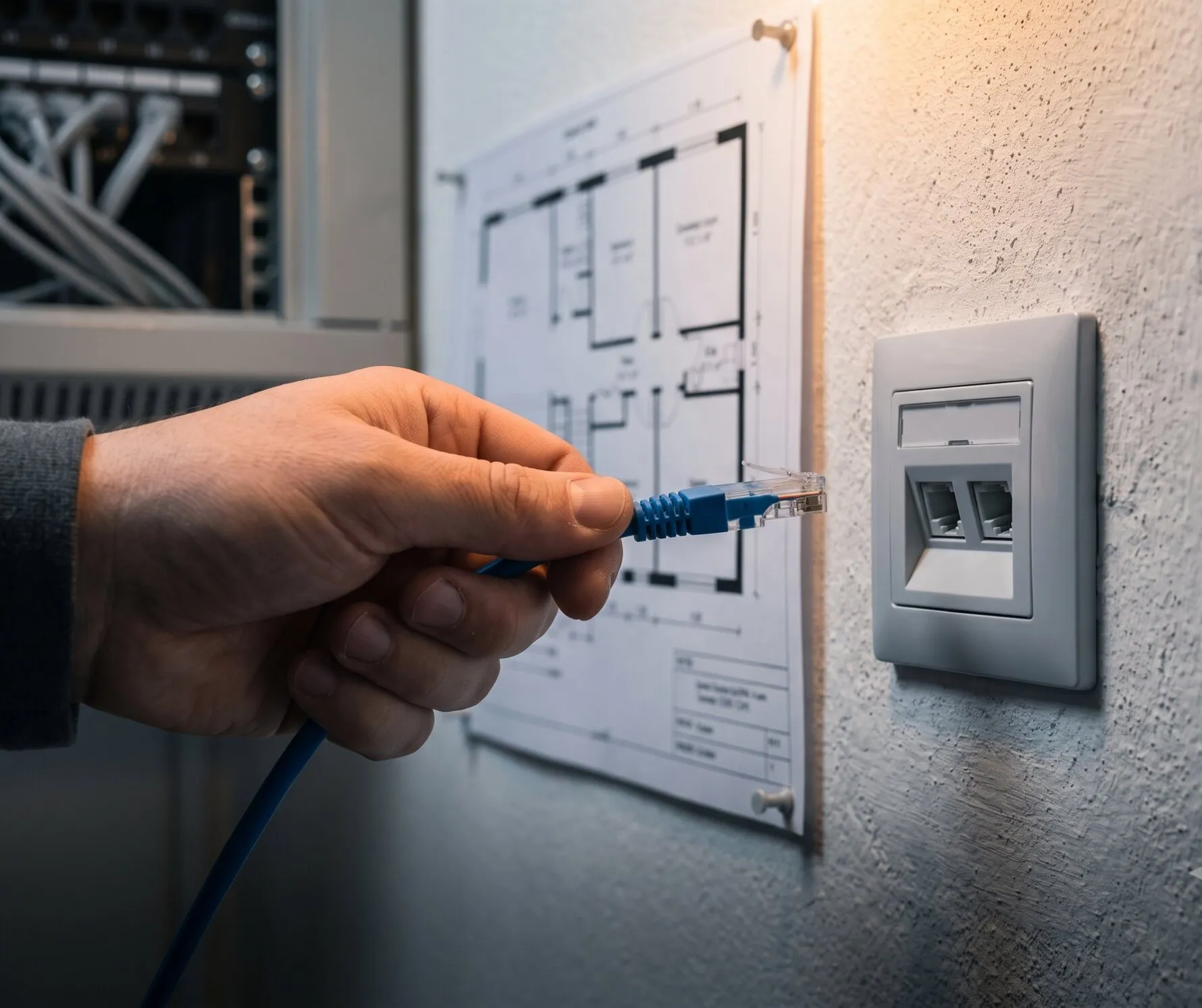 Une main approche un connecteur RJ45 bleu d’une prise réseau murale double. Sur le même mur, un plan d’étage punaisé, et en arrière-plan flou une baie de brassage ouverte.
