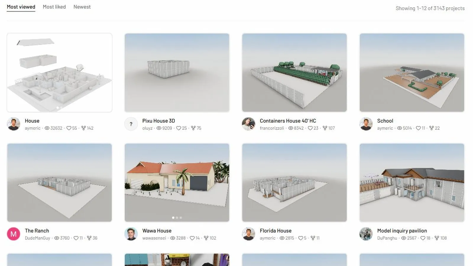 Page des projets publics de Pascal Editor : le compteur indique 3 143 projets, et les vignettes montrent des maisons individuelles, un ensemble de containers, une école et des plans de logements en volumes blancs.
