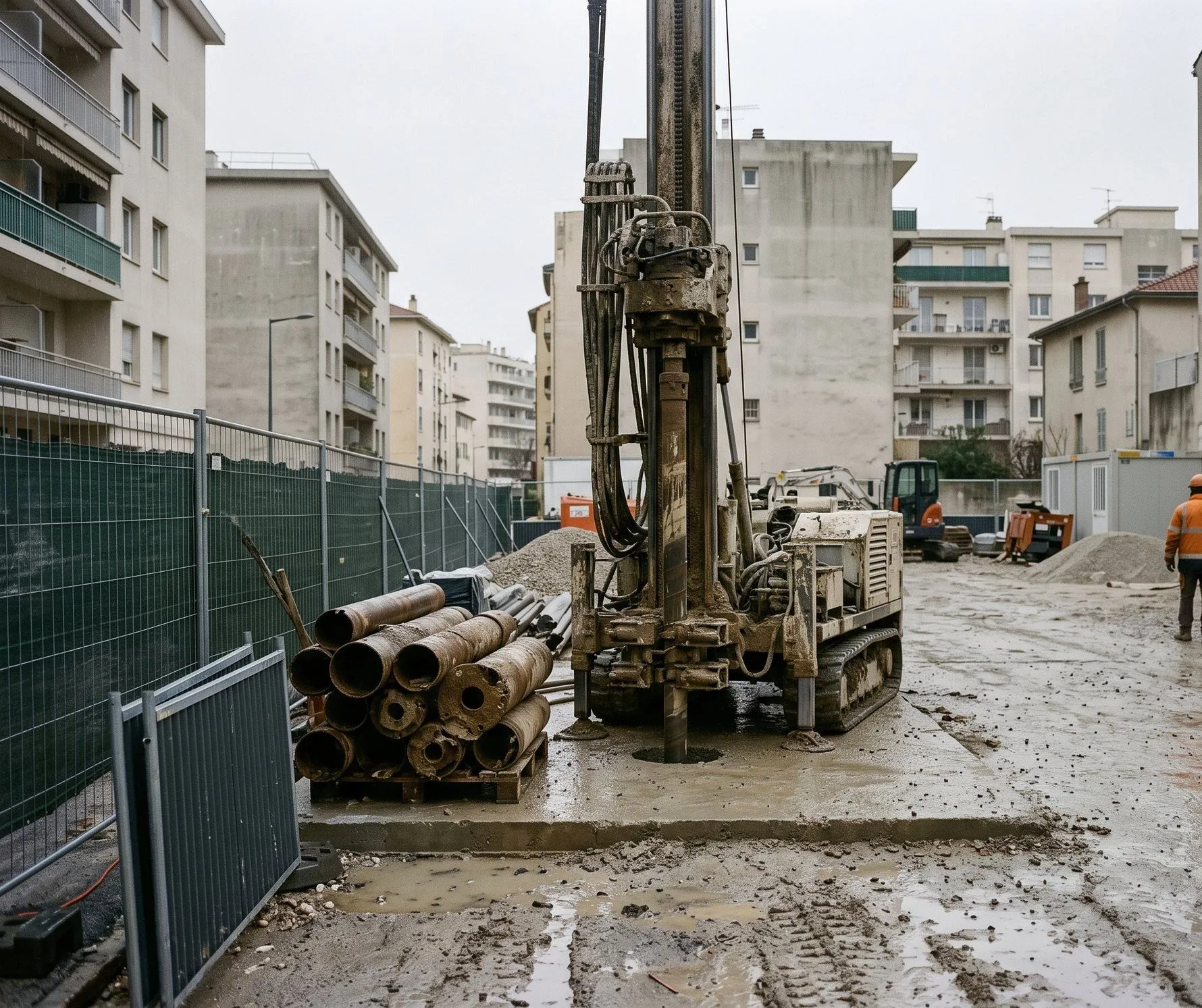 Foreuse sur chenilles en cours de forage sur un chantier urbain resserré, tubes de forage boueux empilés sur une palette au premier plan, immeubles de logements à l’arrière-plan.