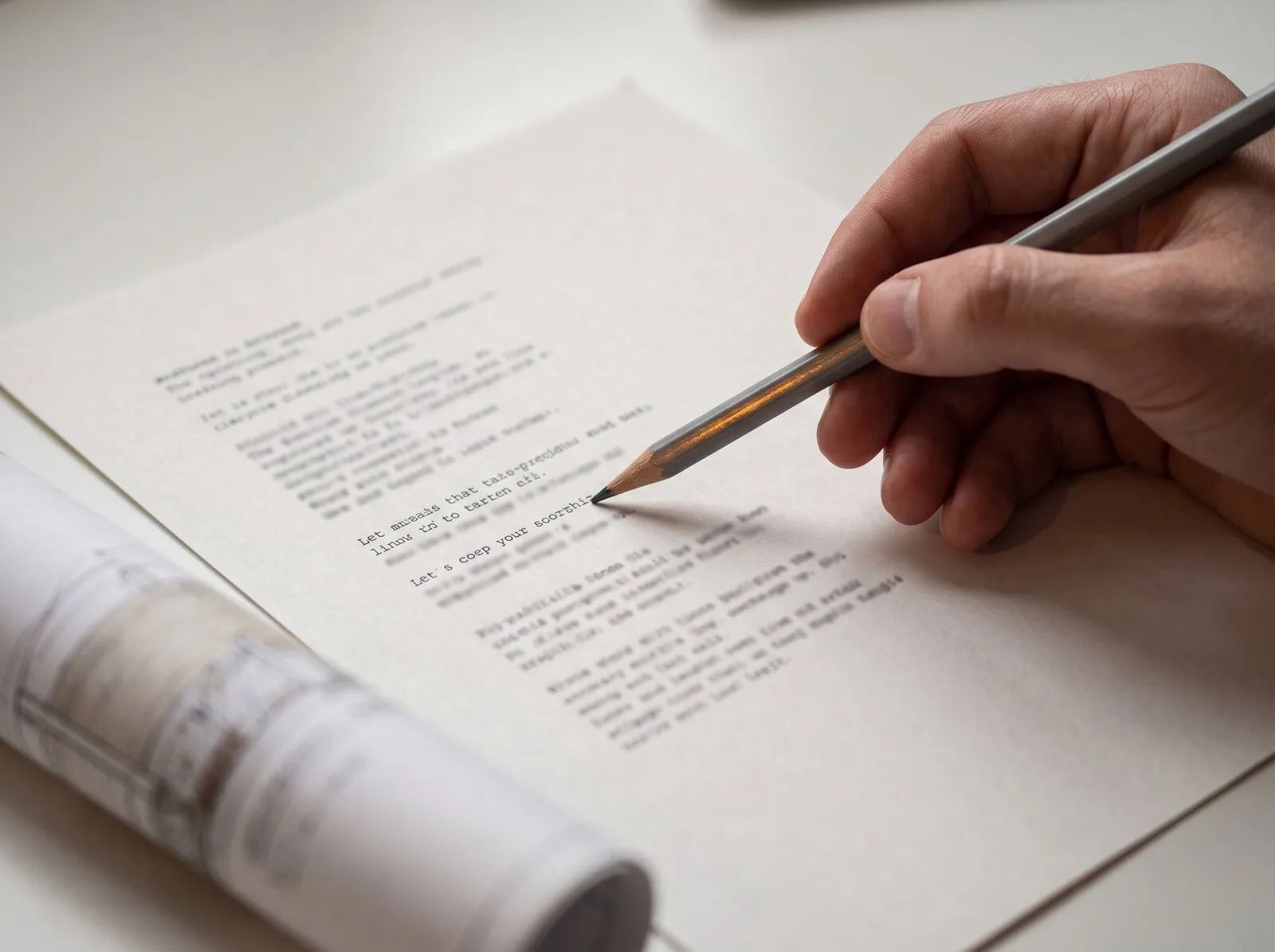 Gros plan sur une main tenant un crayon gris au-dessus d'une page de texte dactylographié, dont plusieurs lignes portent des corrections manuscrites en violet. Un rouleau de plans posé en bas de l'image.