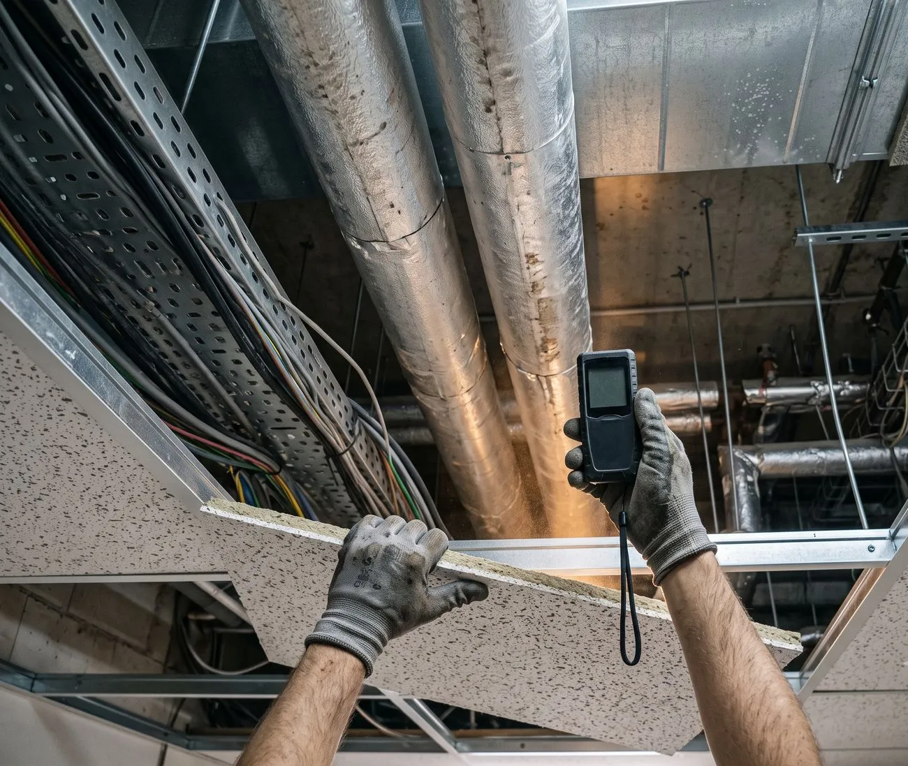 Vue en contre-plongée d'un faux plafond ouvert : gaines de ventilation calorifugées, chemin de câbles et canalisations courent au-dessus des dalles retirées. Deux avant-bras gantés entrent dans le champ, l'un retenant une dalle, l'autre tenant un télémètre laser pointé vers le haut.