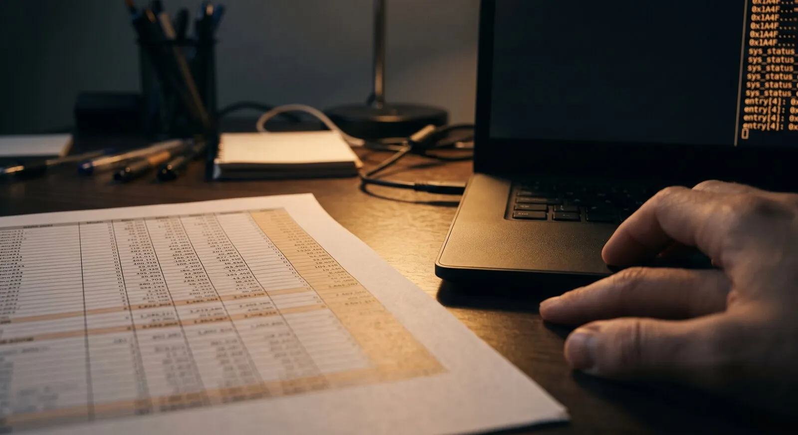 Un ordinateur portable ouvert sur un bureau en bois, dans un cabinet éclairé par une lampe de bureau en laiton. L'écran affiche un bâtiment en vue isométrique, tracé en fines lignes ambrées sur fond sombre. Une main tient un stylo au-dessus du clavier. À droite, une feuille imprimée à colonnes est posée à plat sur le bureau. Bibliothèque à classeurs et fenêtre nocturne en arrière-plan flou.